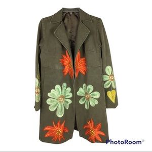 Olive green denim embroidered coat